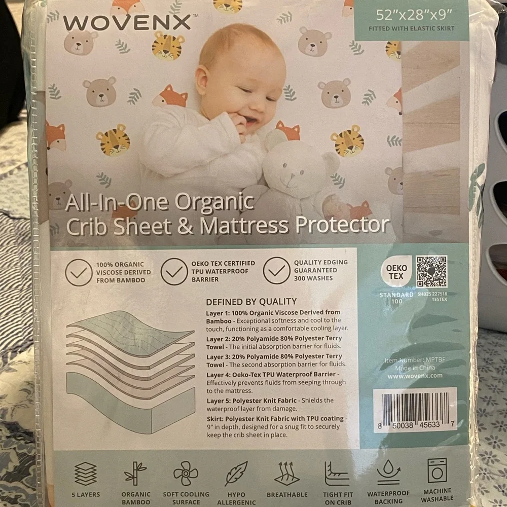 NWT Wovenx Organic Crib Sheet & Mattress Protector | Animal Print